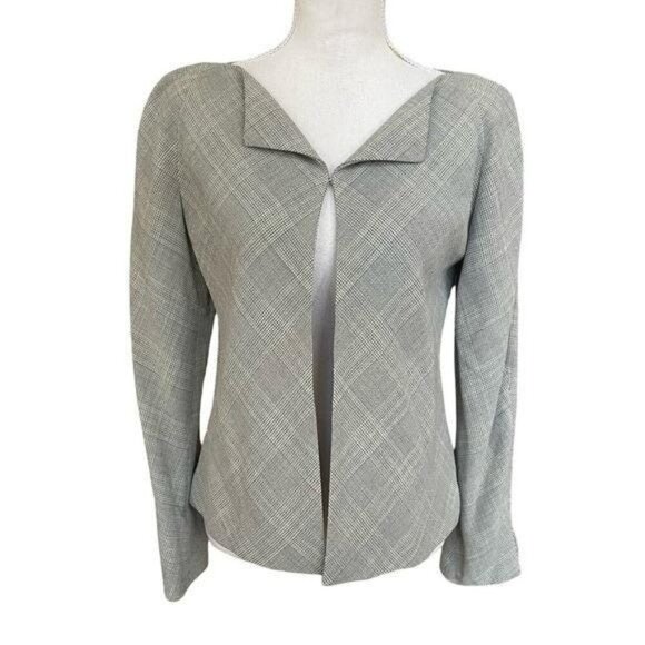 Linda Allard Ellen Tracy NWT Wool‑Linen Blend Green & Cream Plaid Hook‑Front Top - Picture 2 of 10
